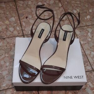 Nine West Brown Patent Ankle-Tie Heels, "Waltz" in 11M